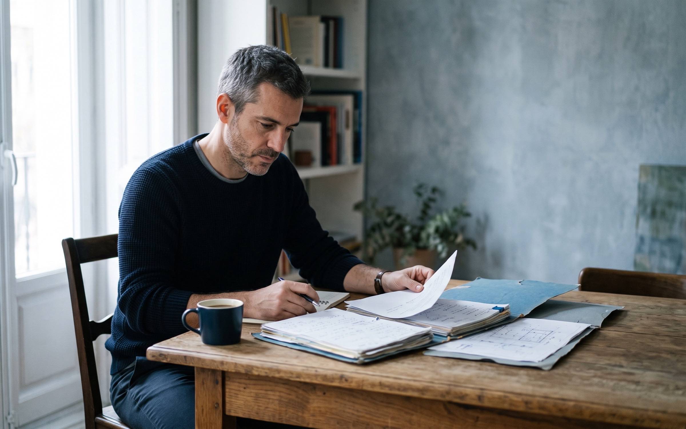 Hombre revisando dos carpetas de documentos sobre la mesa de su comedor, con una taza de café al lado y luz natural de ventana.