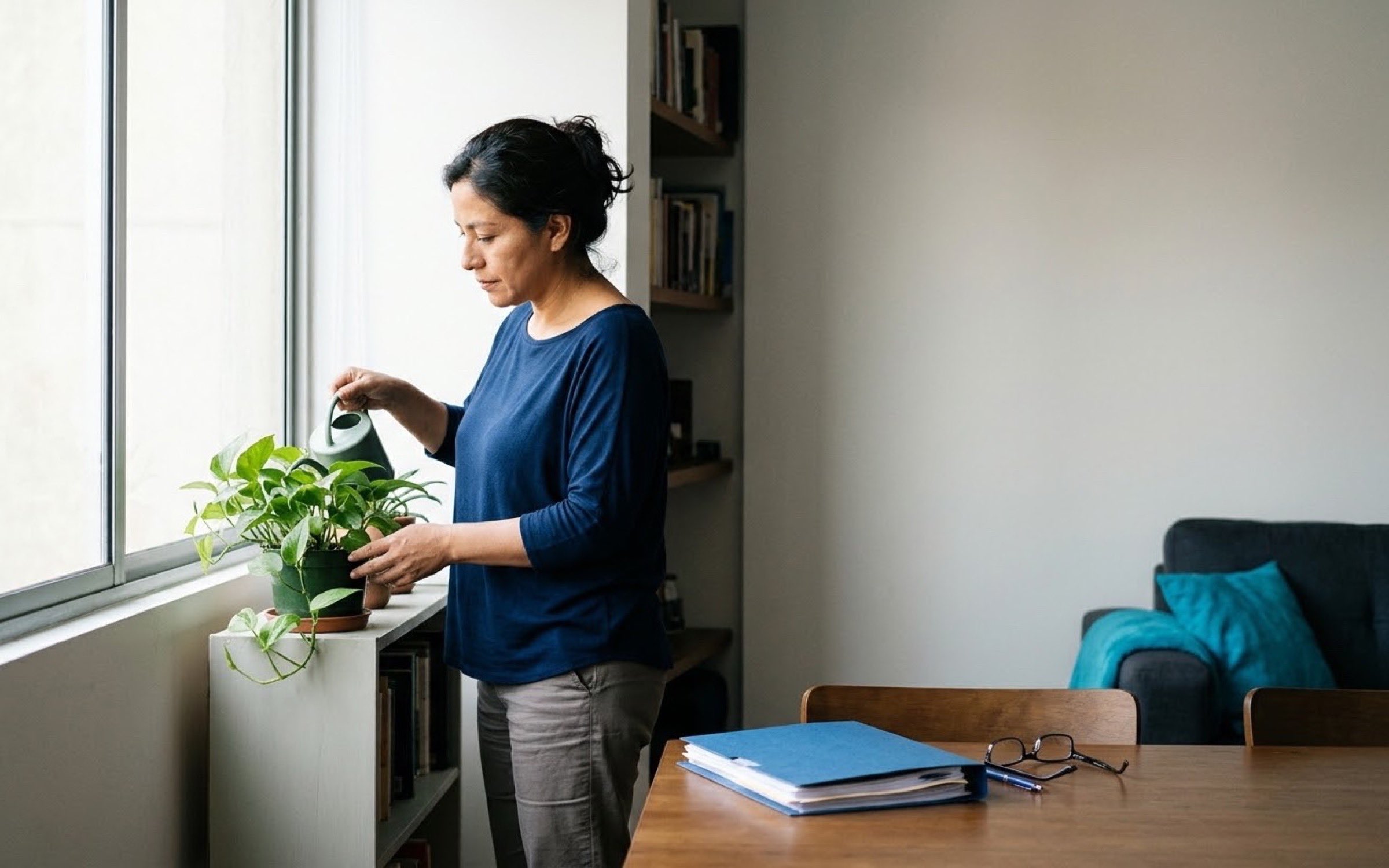 Mujer en la sala de su apartamento regando una planta junto a la ventana, con una carpeta de documentos sobre la mesa.
