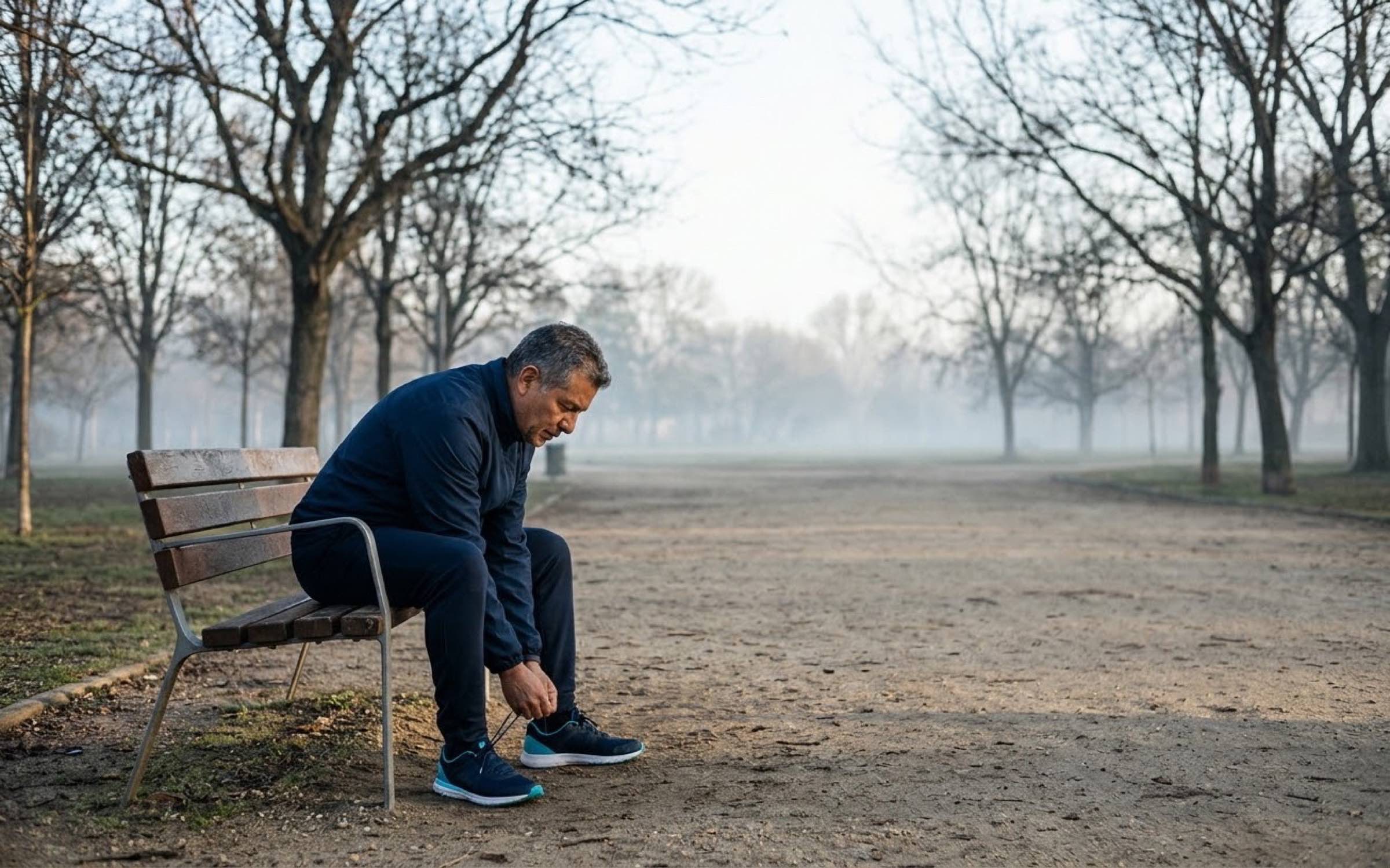 Hombre de unos cincuenta años atándose los cordones de unos zapatos deportivos en la banca de un parque a primera hora de la mañana.