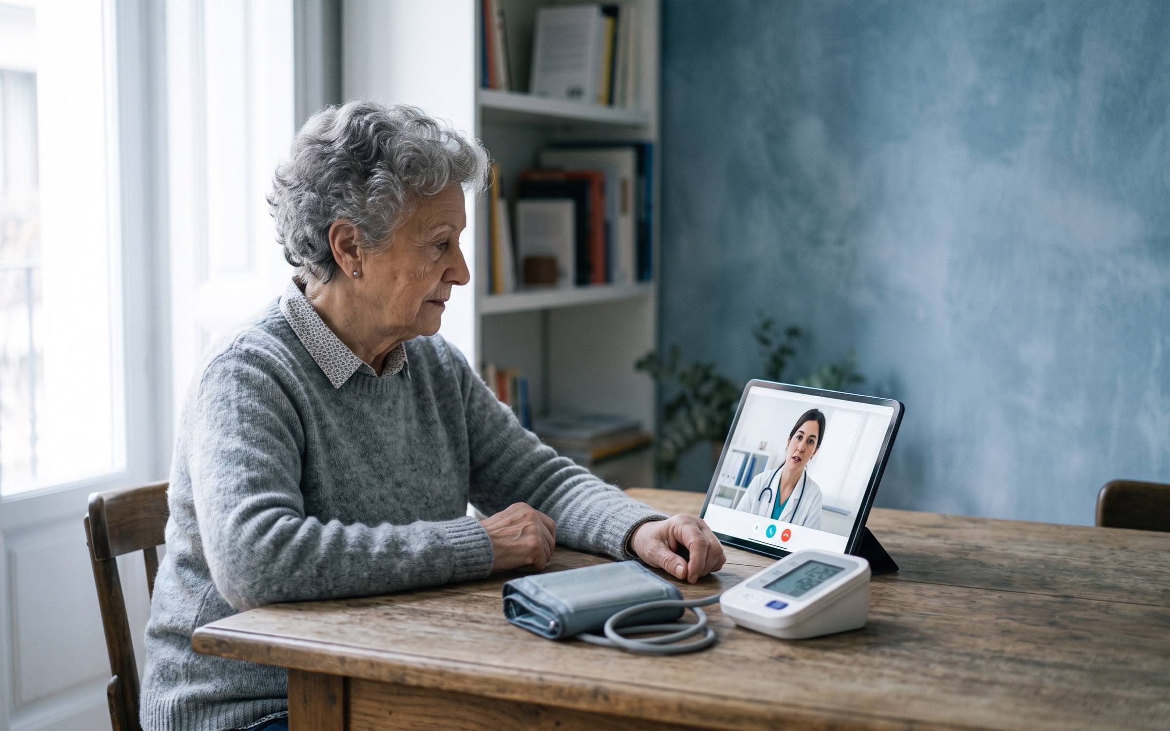 Una persona mayor sentada en su sala mira la pantalla de una tableta durante una videollamada médica, con un tensiómetro digital sobre la mesa.