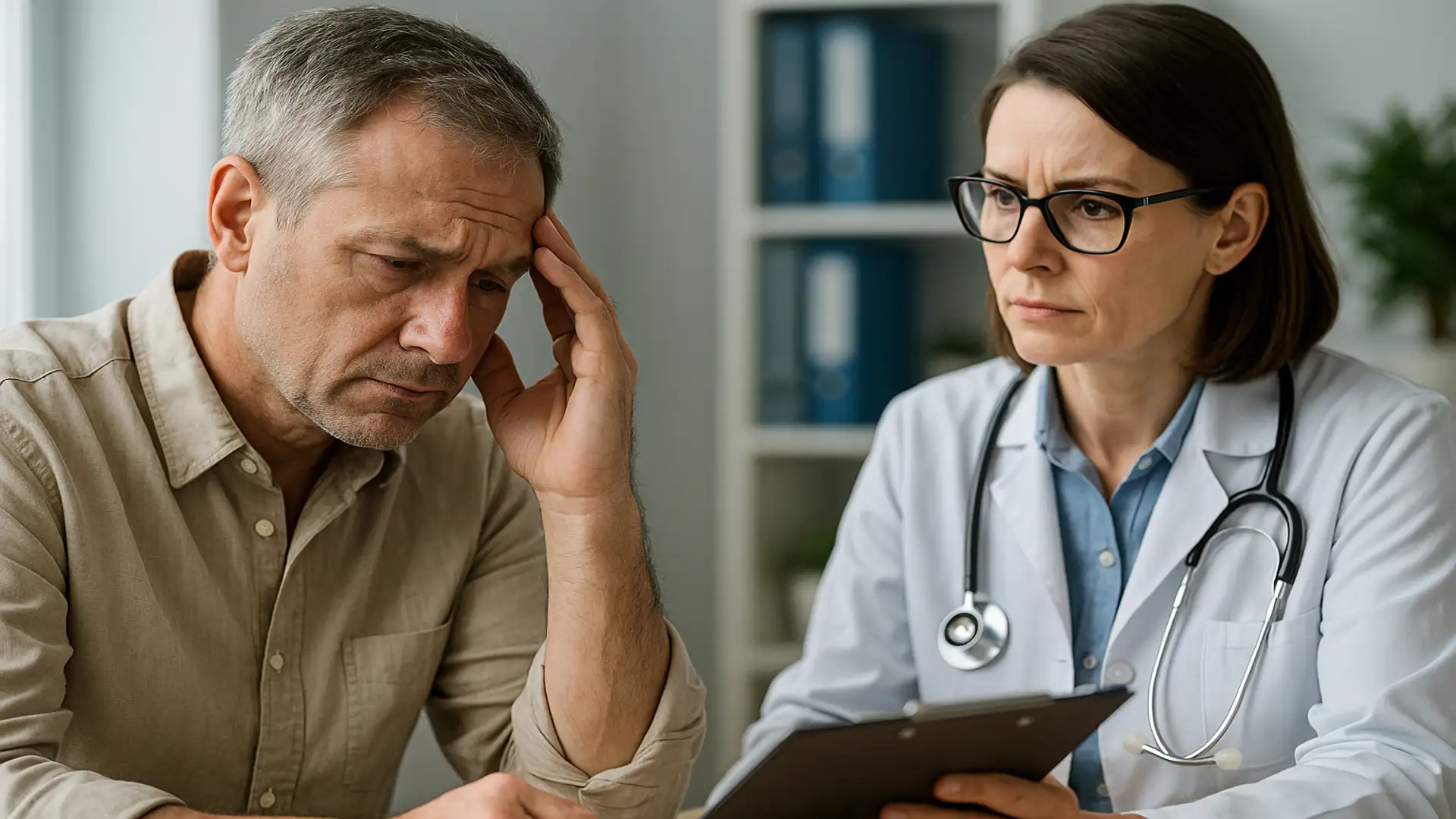 Hombre de mediana edad con expresión preocupada recibiendo información médica de una doctora en un consultorio, ilustrando el impacto emocional de un diagnóstico de enfermedad grave.